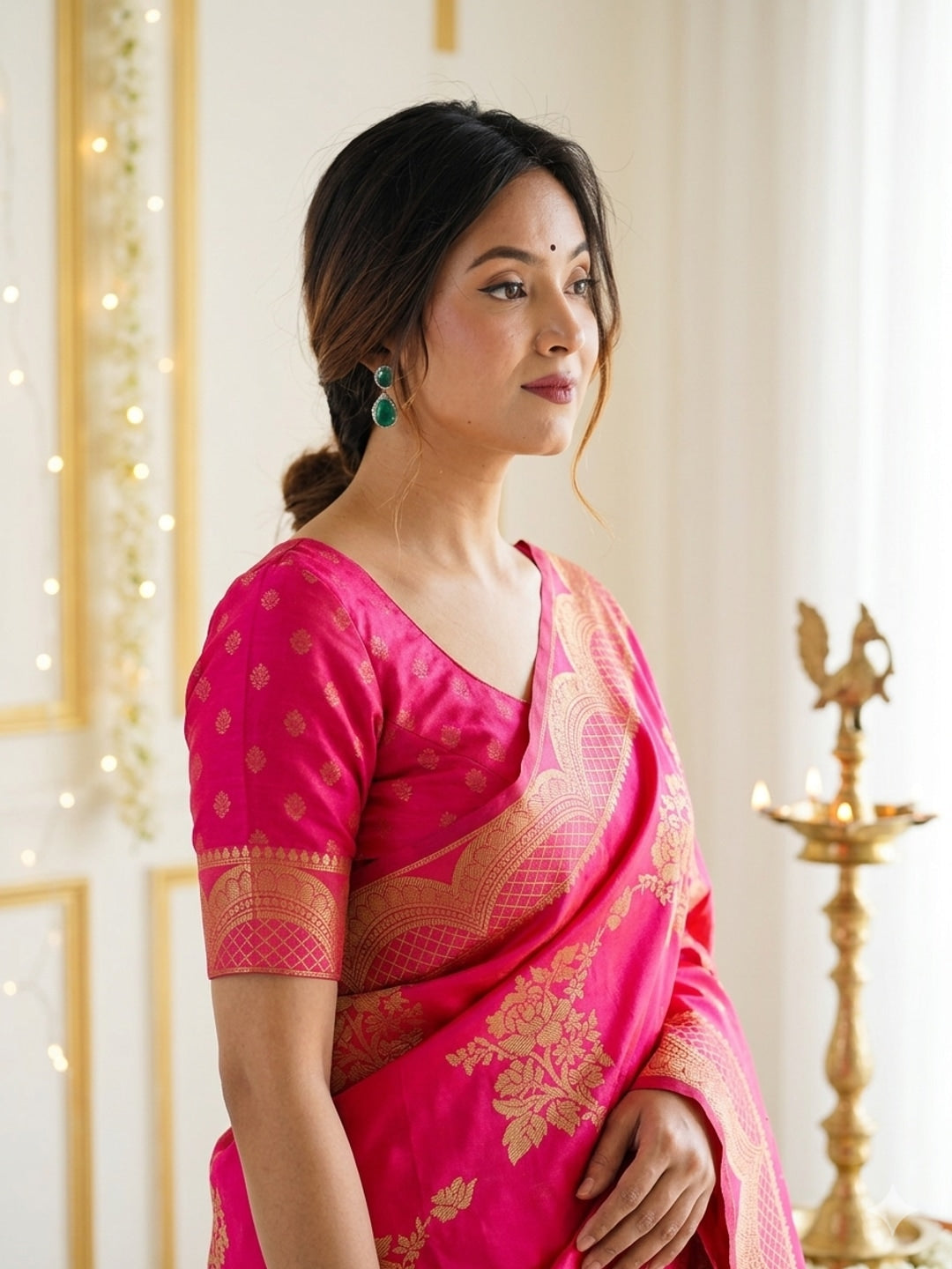 Peachmode Rani Pink Jacquard Woven Kanchipuram Lichi Silk Saree - Image 2