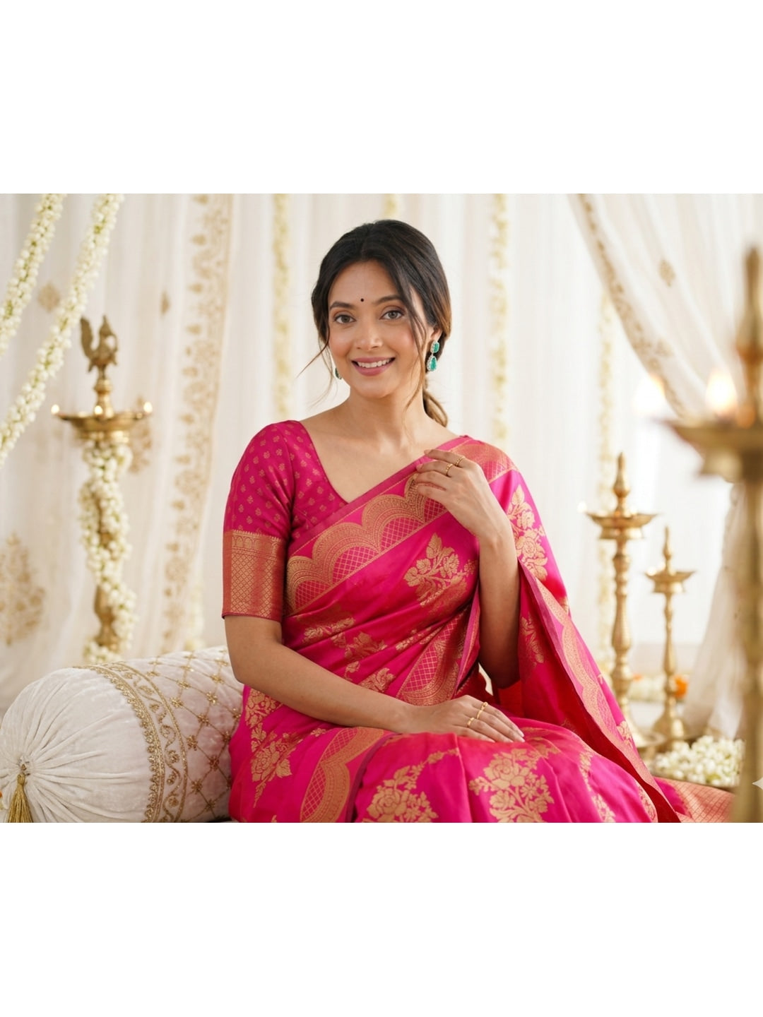 Peachmode Rani Pink Jacquard Woven Kanchipuram Lichi Silk Saree - Image 3