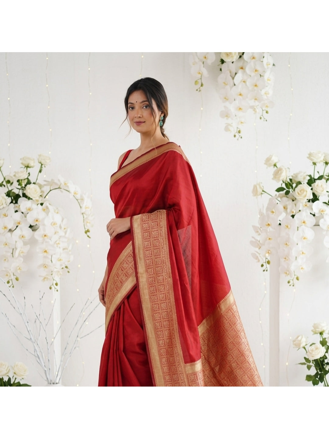 Peachmode Red Jacquard Woven Kanchipuram Lichi Silk Saree - Image 2