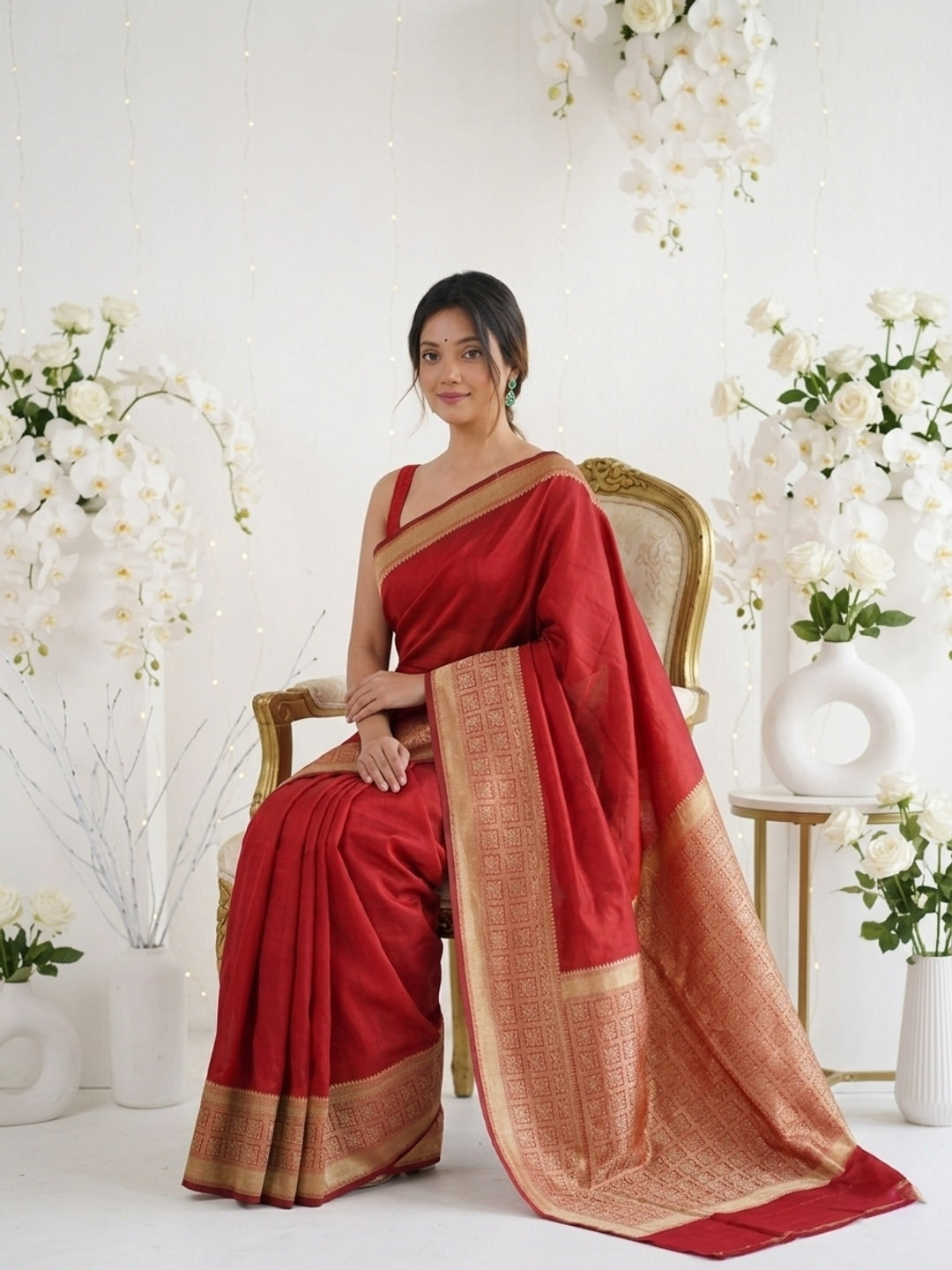 Peachmode Red Jacquard Woven Kanchipuram Lichi Silk Saree - Image 3