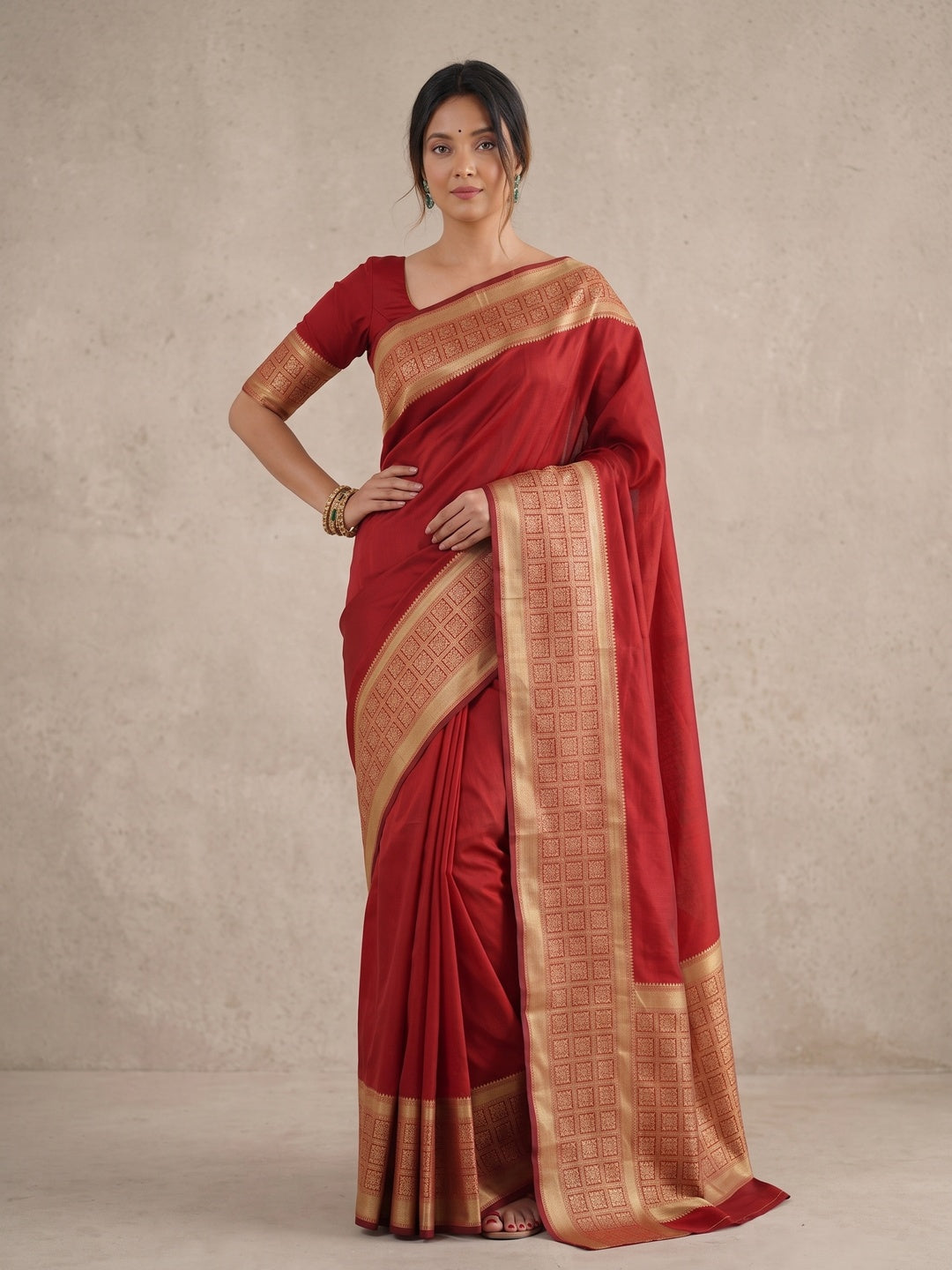 Peachmode Red Jacquard Woven Kanchipuram Lichi Silk Saree - Image 5