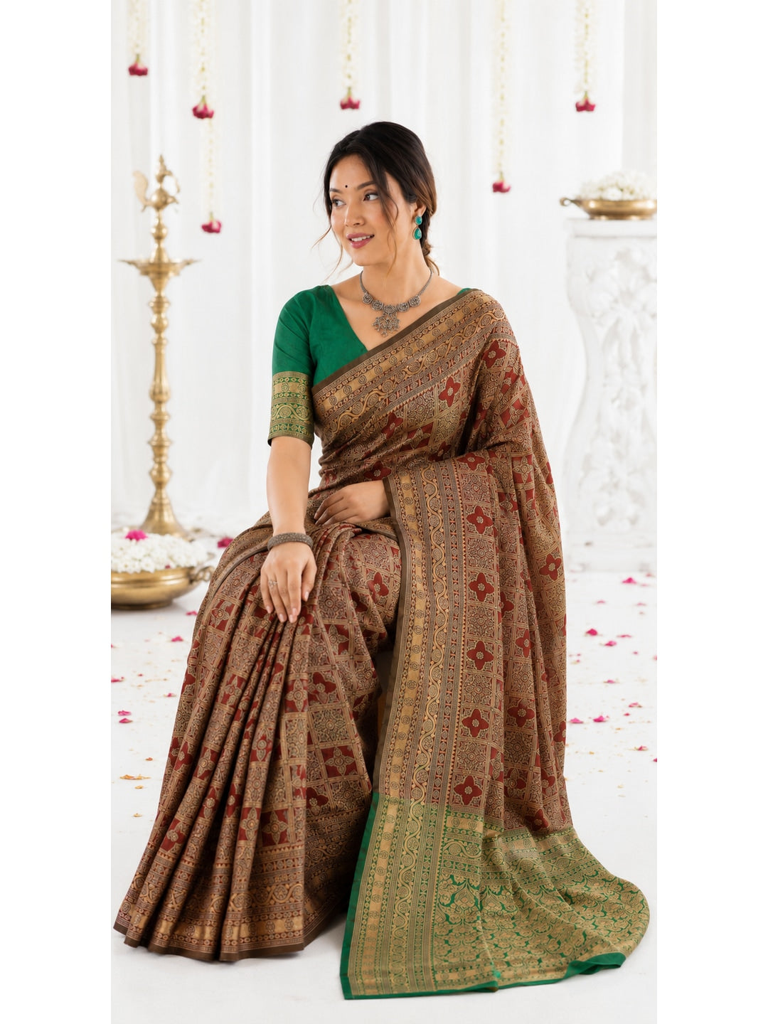 Peachmode Rust Green Jacquard Woven Kanchipuram Lichi Silk Saree - Image 3