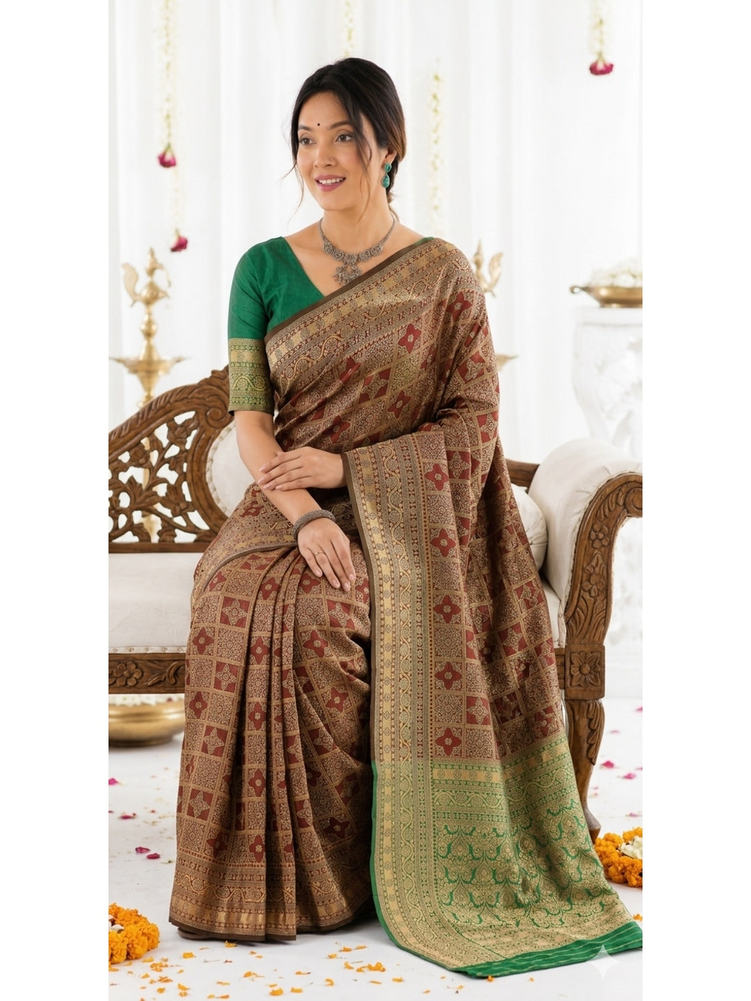 Peachmode Rust Green Jacquard Woven Kanchipuram Lichi Silk Saree - Image 4