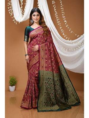 Peachmode Maroon Jacquard Woven Kanchipuram Silk Saree - Image 1