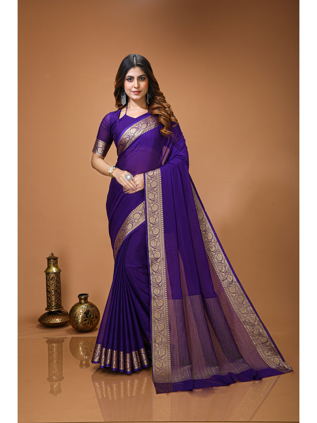 Peachmode Purple Zari Woven Silk Blend Saree - Image 1