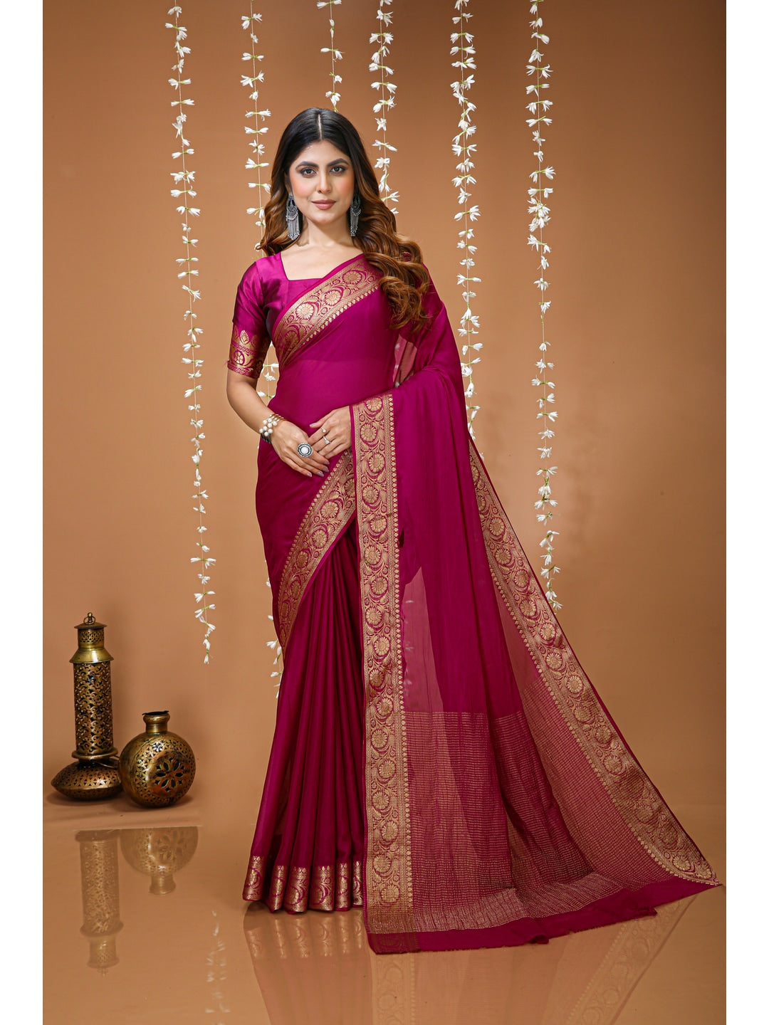 Peachmode Rani Pink Zari Woven Silk Blend Saree - Image 1