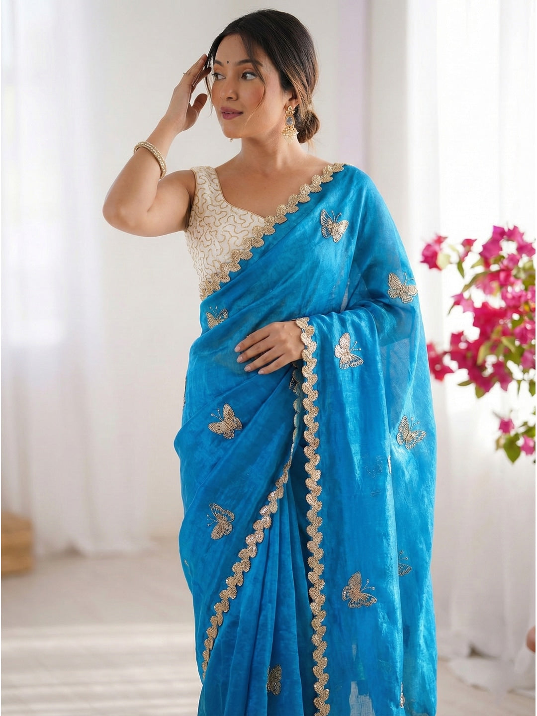 Peachmode Blue Butterfly Sequin Embroidered Dual Shade Satin Saree - Image 2