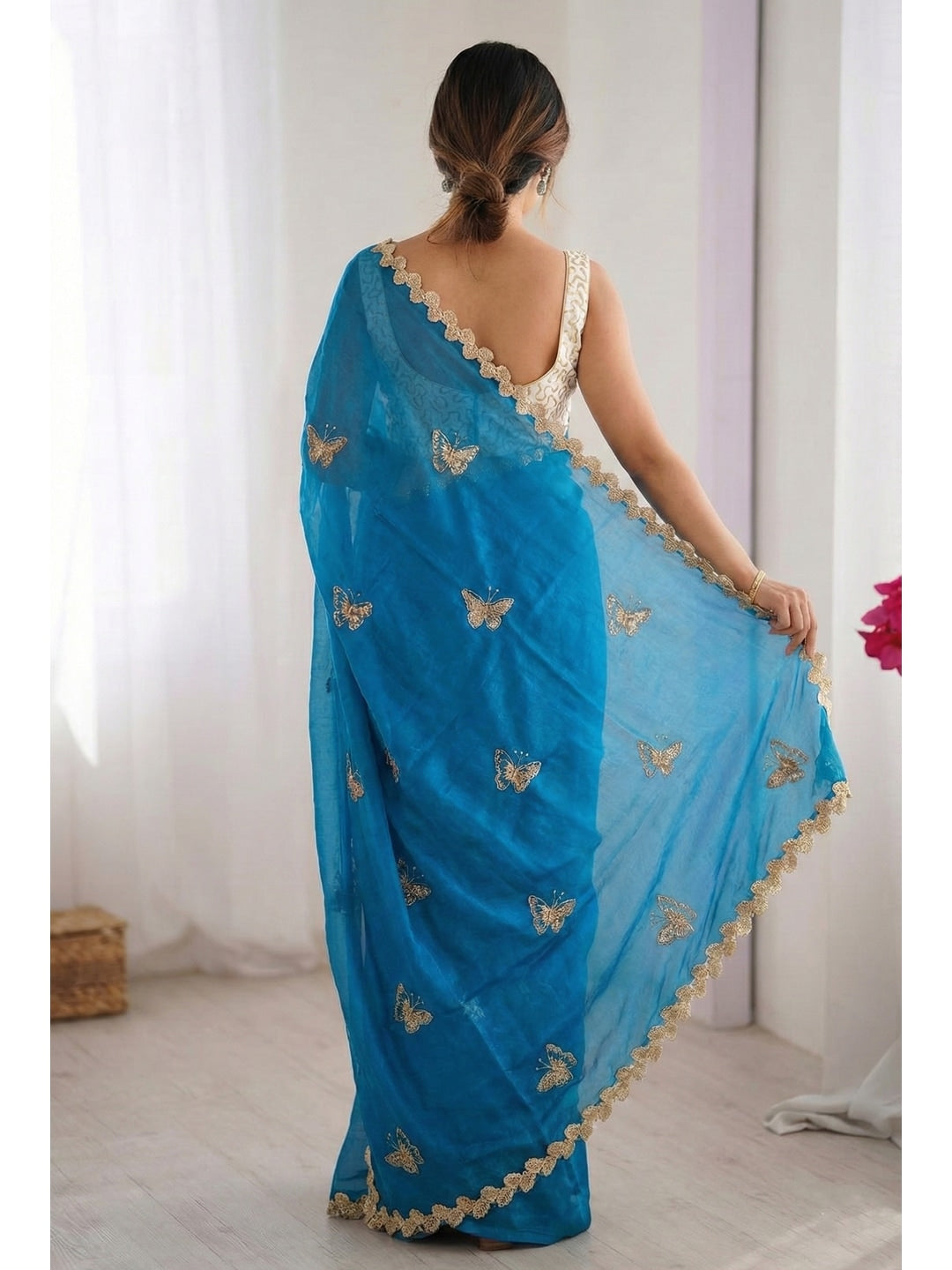 Peachmode Blue Butterfly Sequin Embroidered Dual Shade Satin Saree - Image 4
