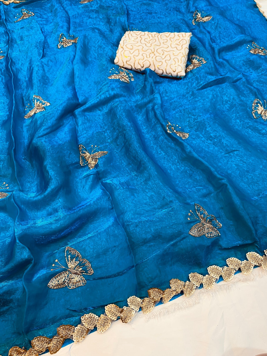 Peachmode Blue Butterfly Sequin Embroidered Dual Shade Satin Saree - Image 5
