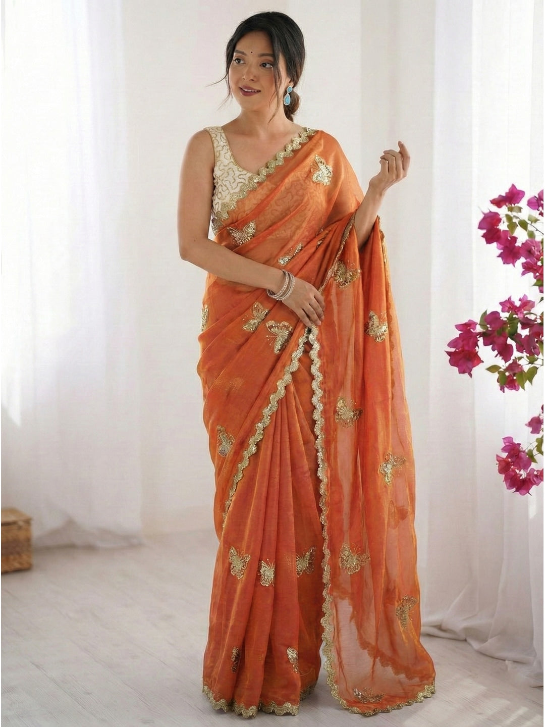 Peachmode Orange Butterfly Sequin Embroidered Dual Shade Satin Saree - Image 1