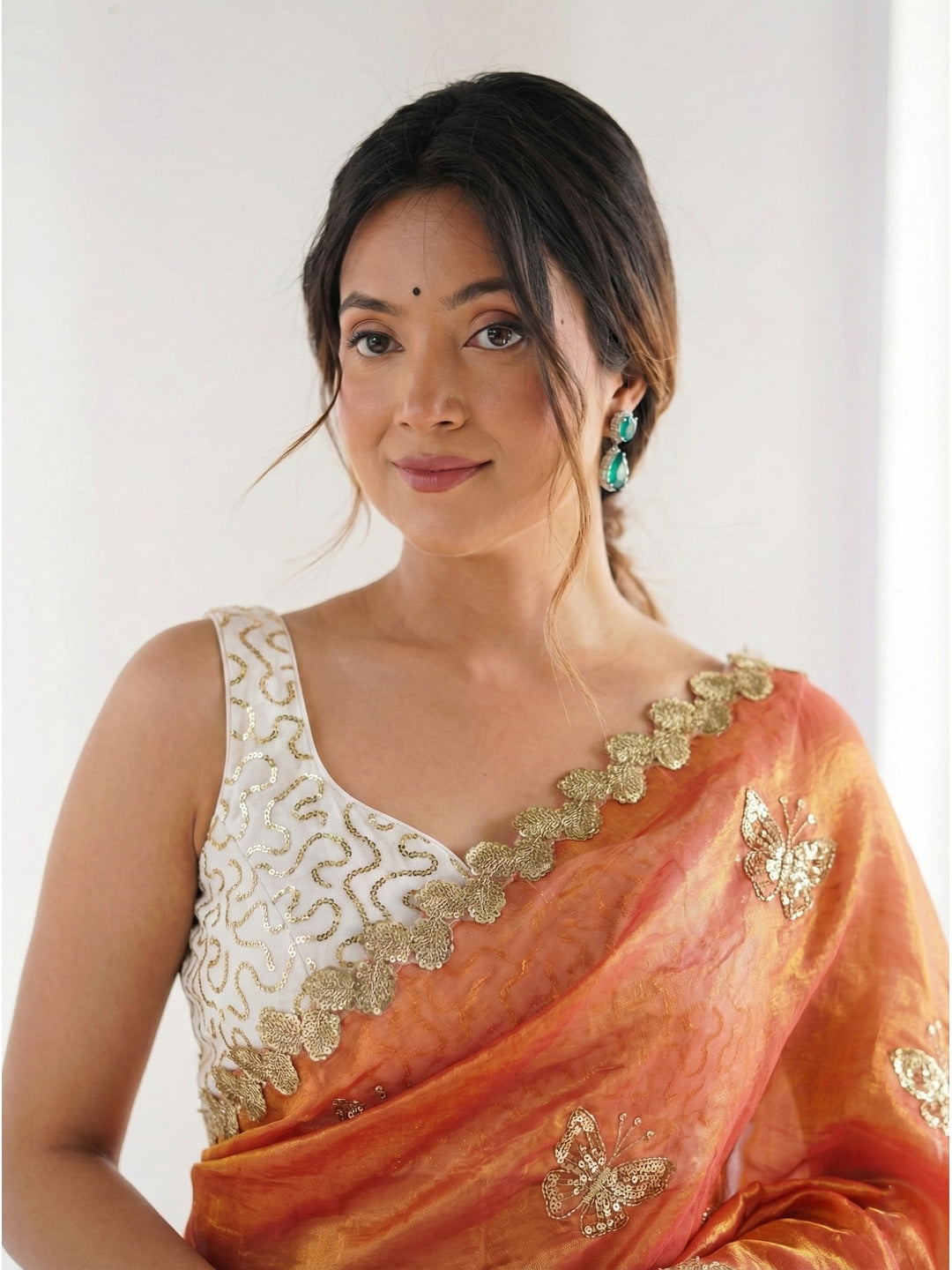 Peachmode Orange Butterfly Sequin Embroidered Dual Shade Satin Saree - Image 2