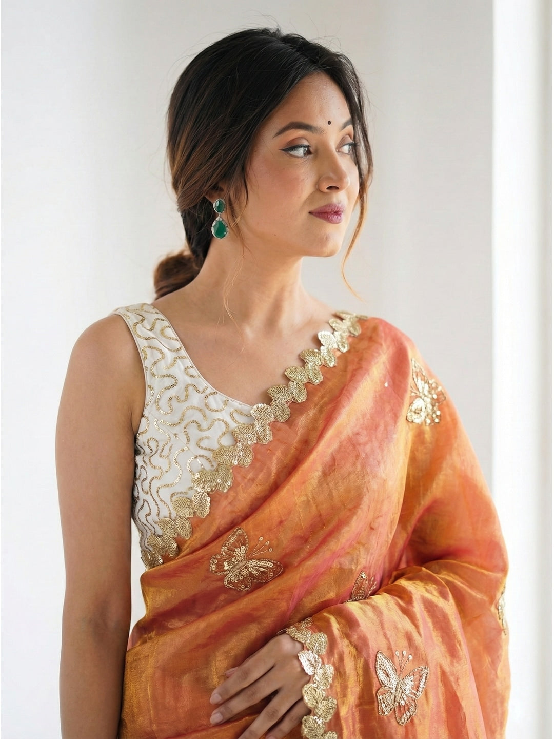 Peachmode Orange Butterfly Sequin Embroidered Dual Shade Satin Saree - Image 3