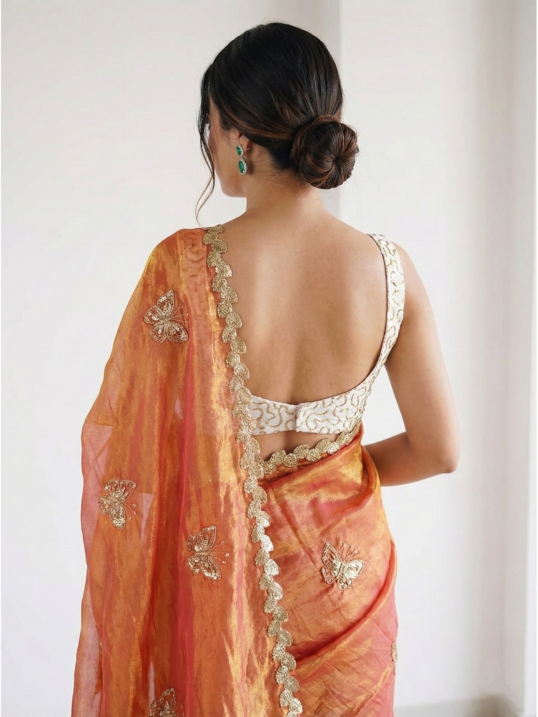 Peachmode Orange Butterfly Sequin Embroidered Dual Shade Satin Saree - Image 4