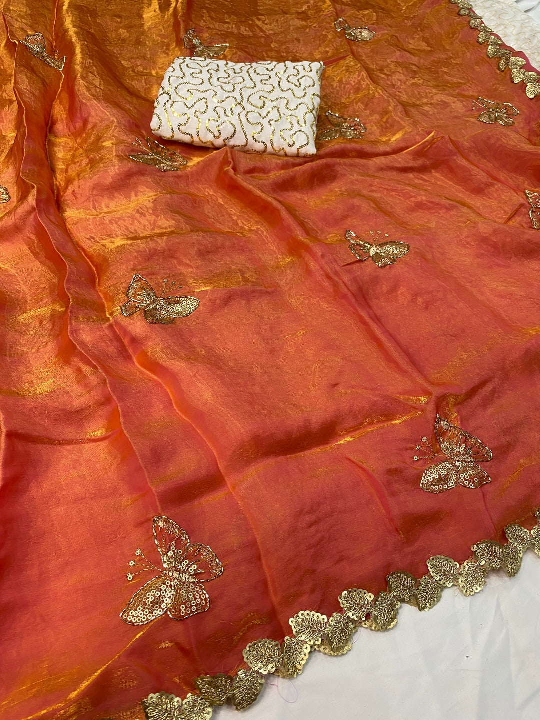 Peachmode Orange Butterfly Sequin Embroidered Dual Shade Satin Saree - Image 5