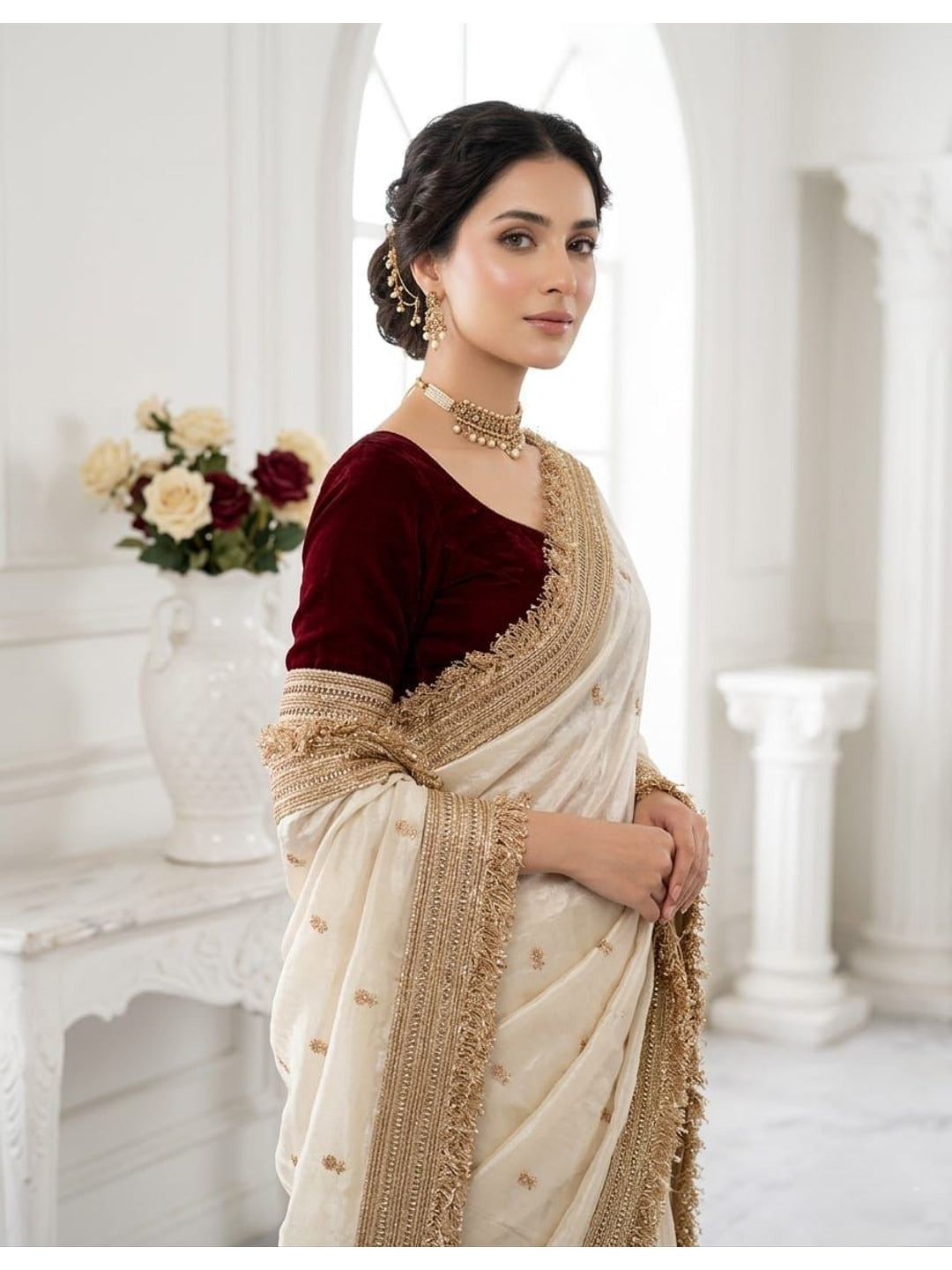 Peachmode Cream Butti Embroidered Satin Silk Saree - Image 2