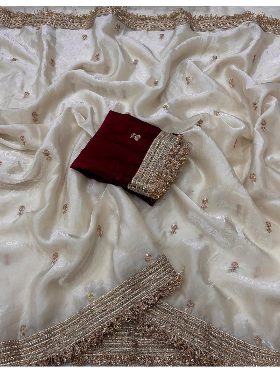 Peachmode Cream Butti Embroidered Satin Silk Saree - Image 3