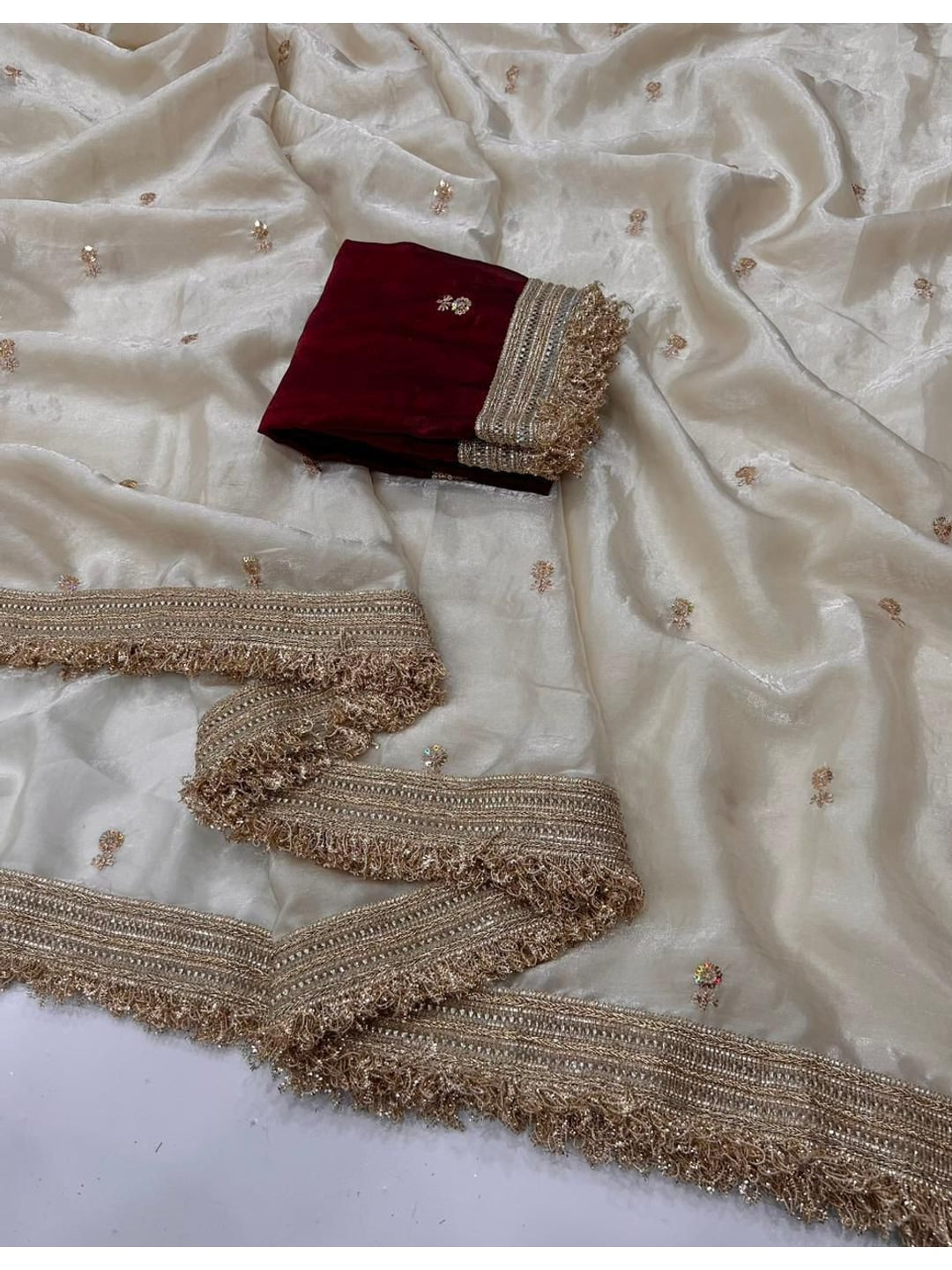 Peachmode Cream Butti Embroidered Satin Silk Saree - Image 4