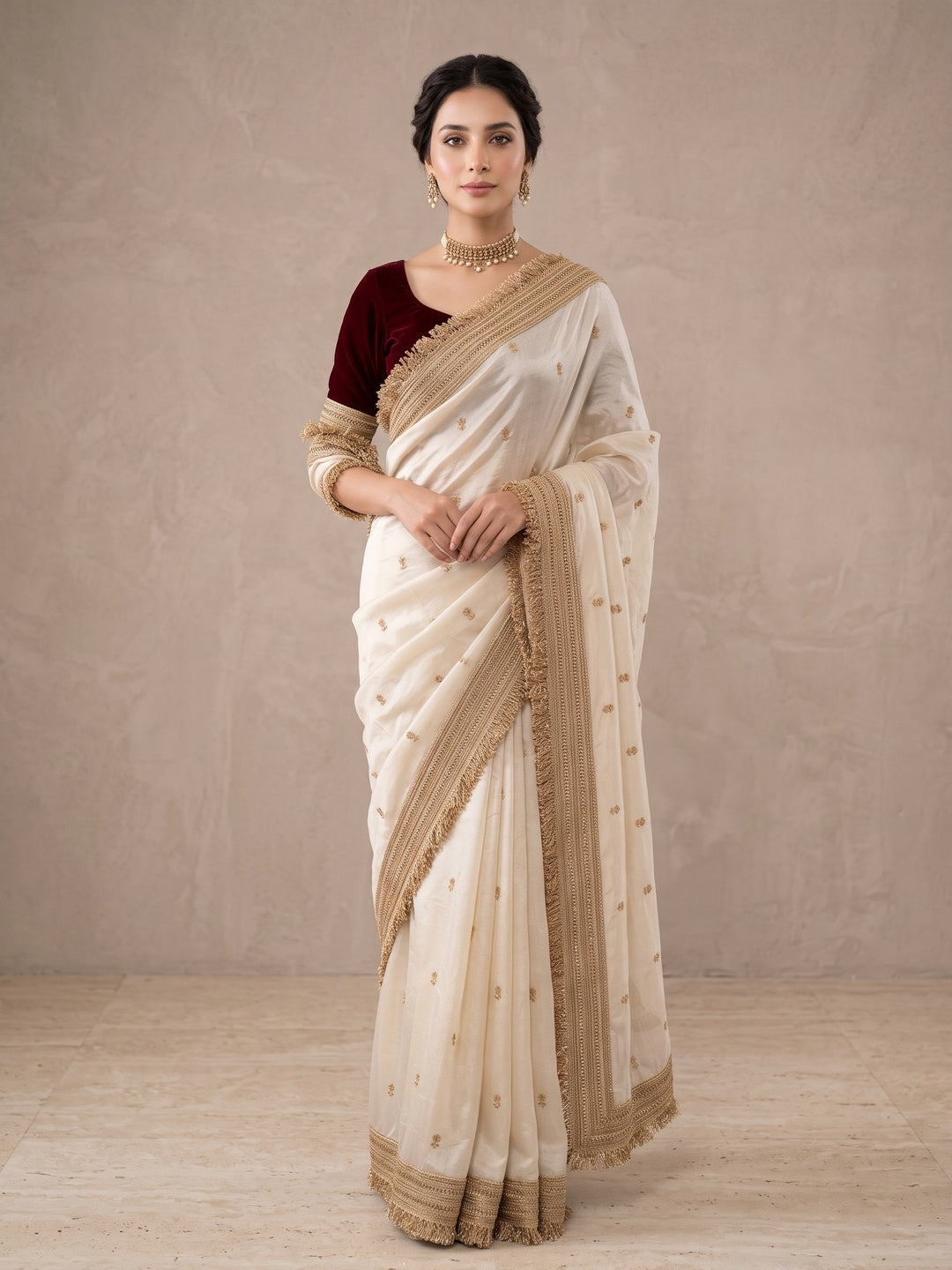 Peachmode Cream Butti Embroidered Satin Silk Saree - Image 5
