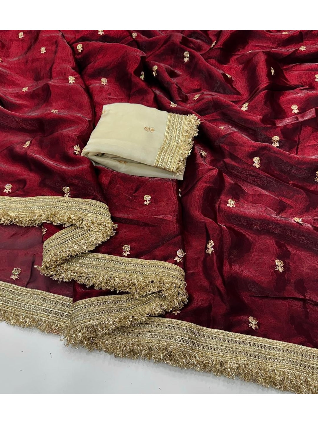 Peachmode Maroon Butti Embroidered Satin Silk Saree - Image 3