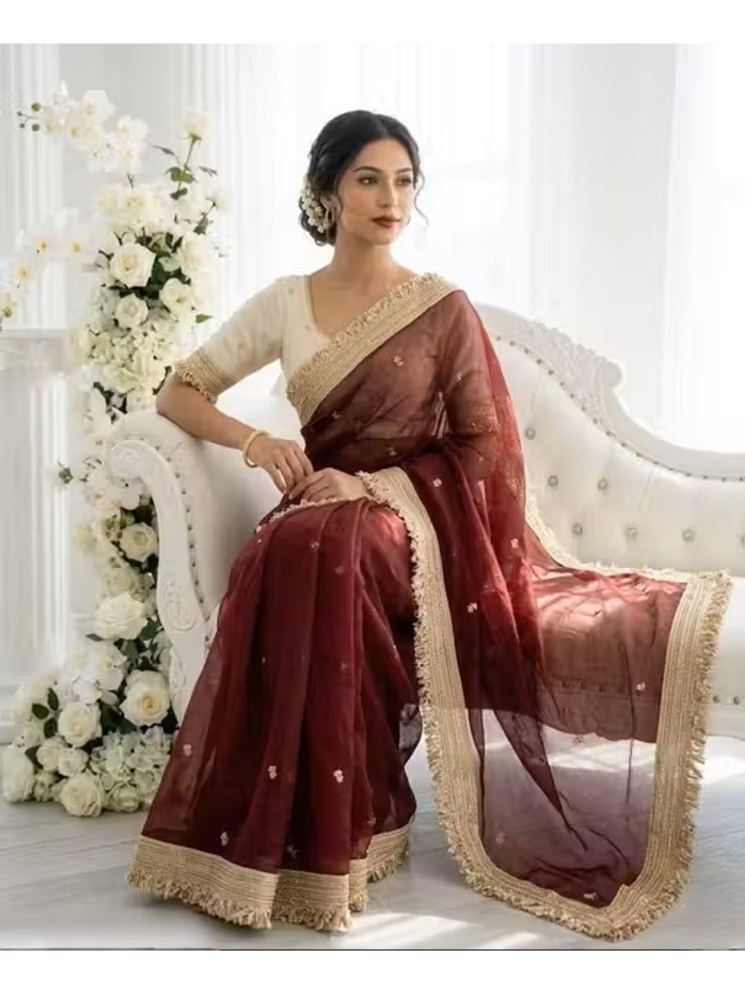 Peachmode Maroon Butti Embroidered Satin Silk Saree - Image 5