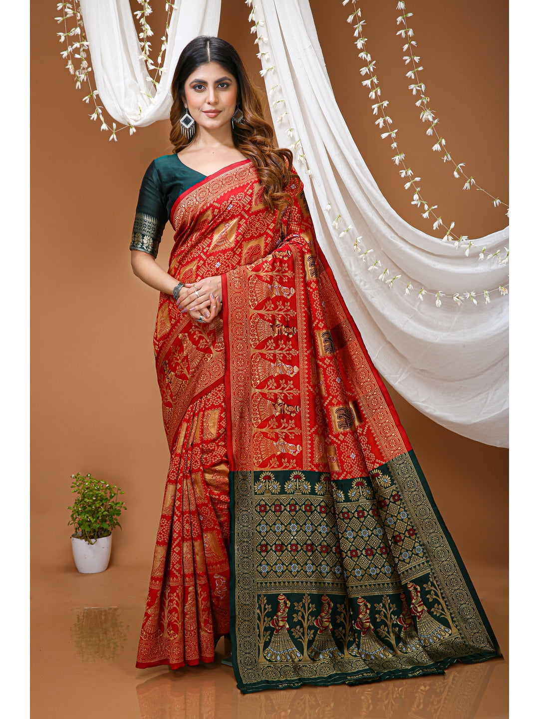 Peachmode Red Jacquard Woven Soft Lichi Silk Kanchipuram Saree - Image 1