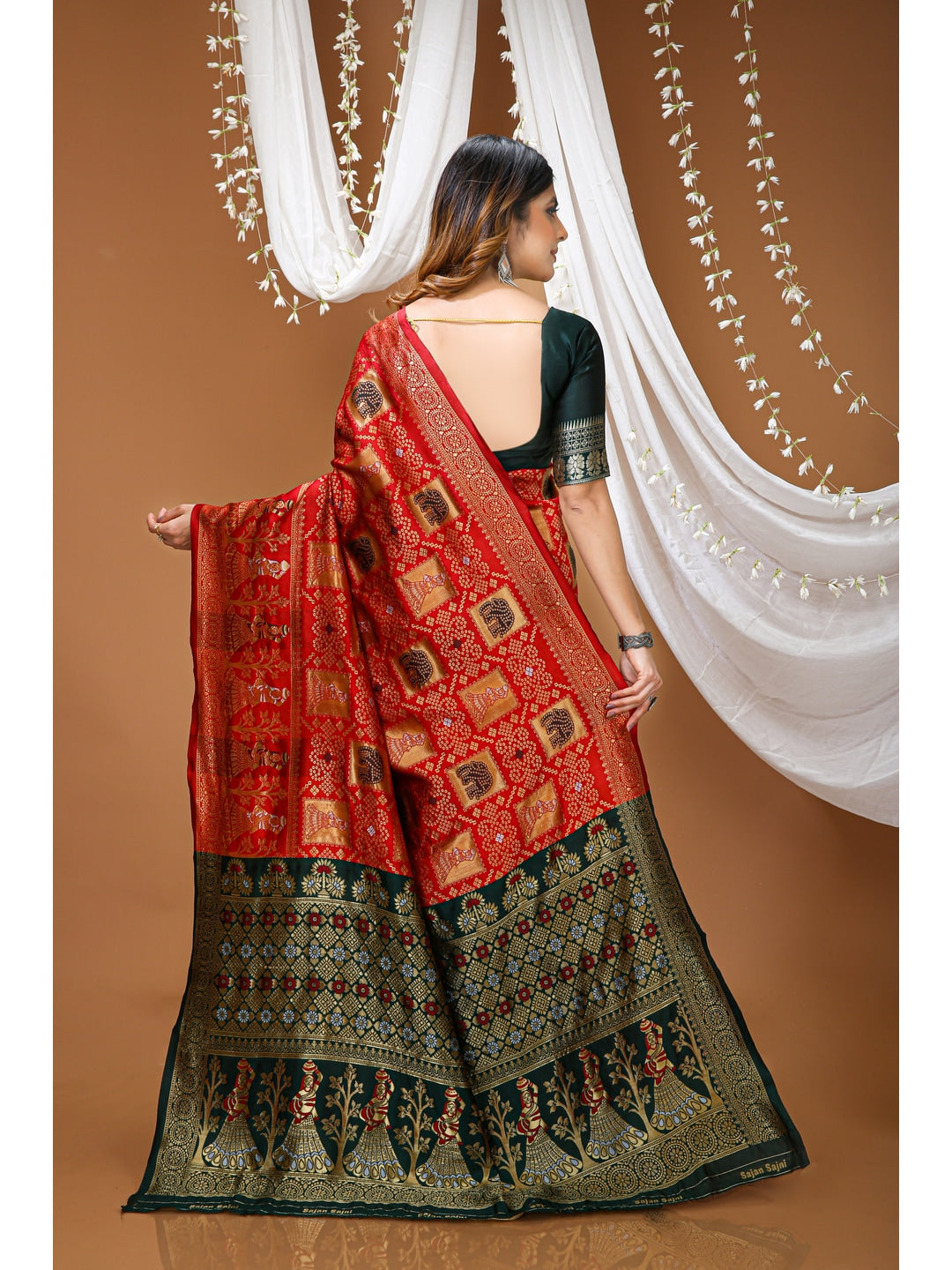 Peachmode Red Jacquard Woven Soft Lichi Silk Kanchipuram Saree - Image 3
