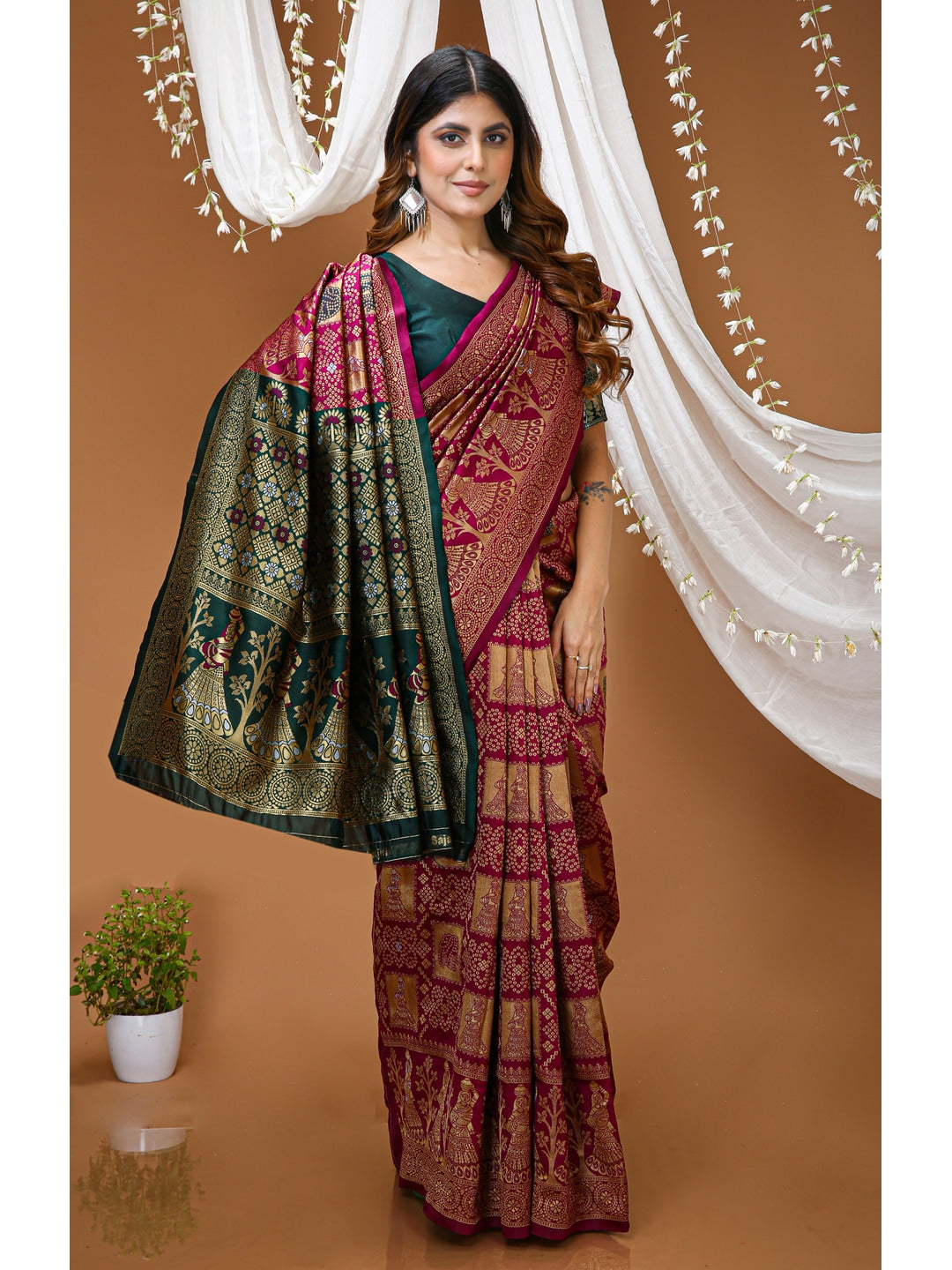 Peachmode Wine Jacquard Woven Soft Lichi Silk Kanchipuram Saree - Image 4