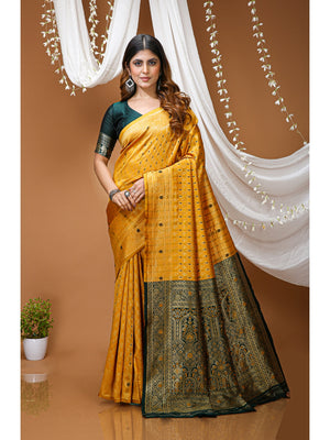 Peachmode Yellow Jacquard Woven Soft Silk Kanchipuram Saree - Image 1