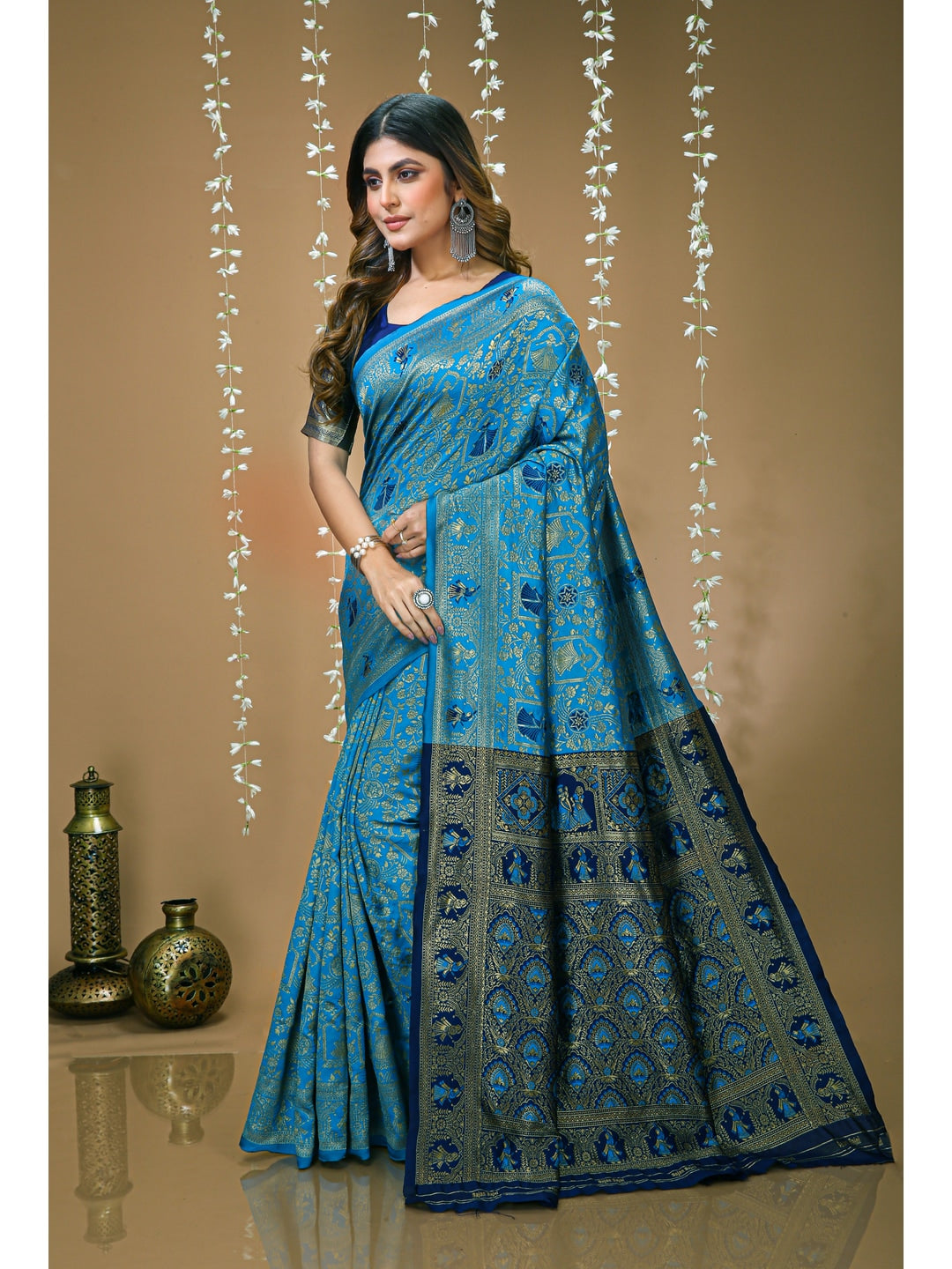 Peachmode Blue Heritage Jacquard Buta Soft Lichi Silk Saree - Image 2