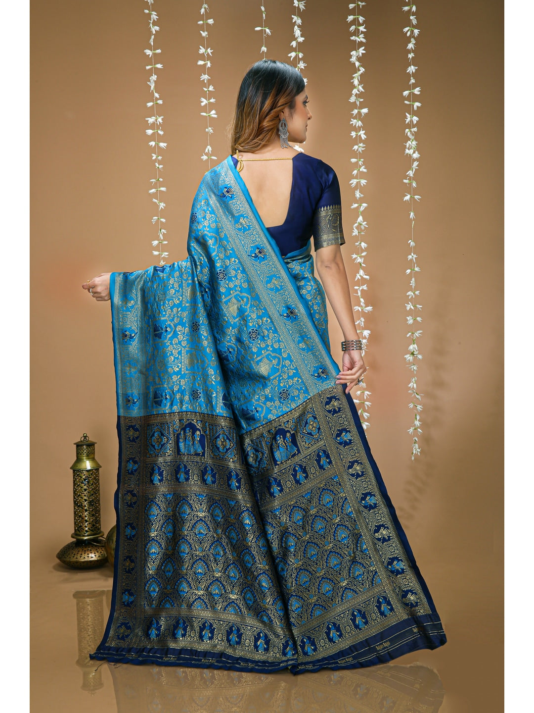 Peachmode Blue Heritage Jacquard Buta Soft Lichi Silk Saree - Image 3