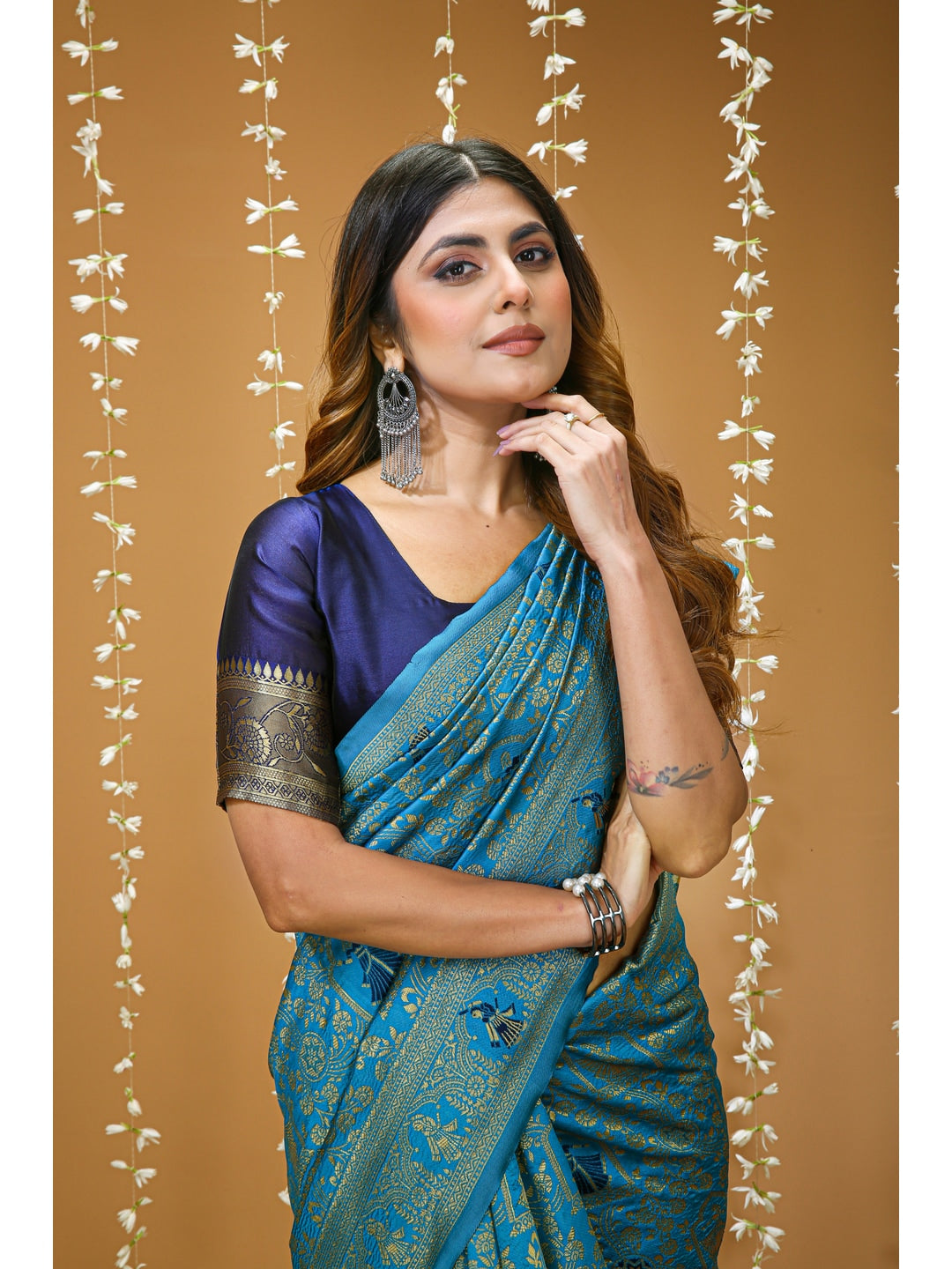Peachmode Blue Heritage Jacquard Buta Soft Lichi Silk Saree - Image 5