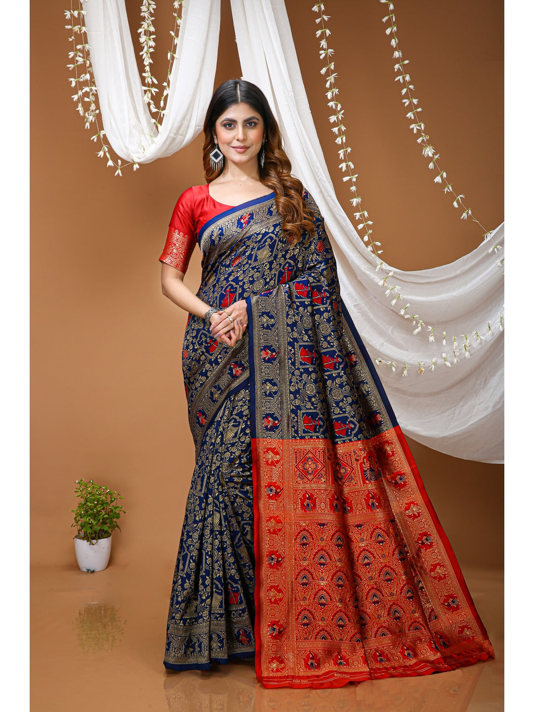 Peachmode Navy Blue Heritage Jacquard Buta Soft Lichi Silk Saree - Image 1