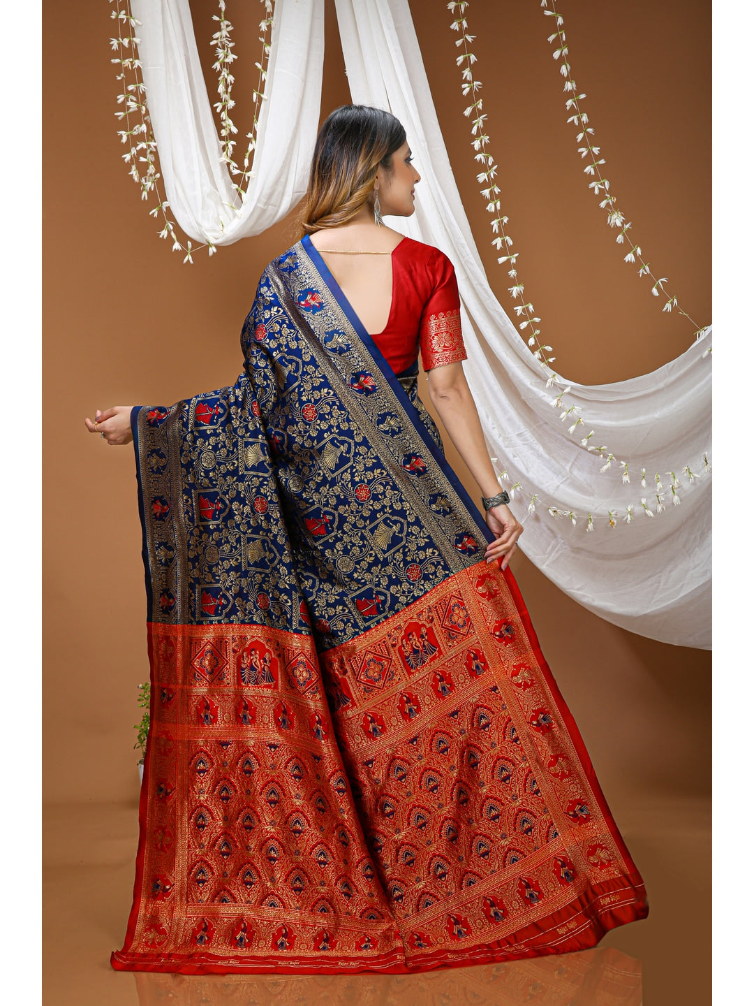 Peachmode Navy Blue Heritage Jacquard Buta Soft Lichi Silk Saree - Image 3