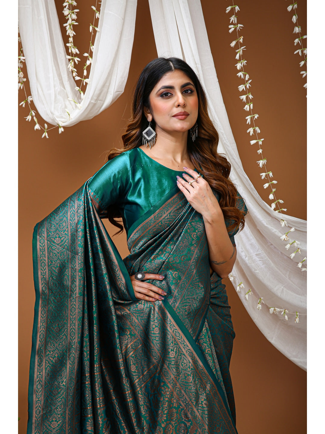 Peachmode Rama Blue Jacquard Woven Soft Lichi Silk Kanchipuram Saree - Image 5