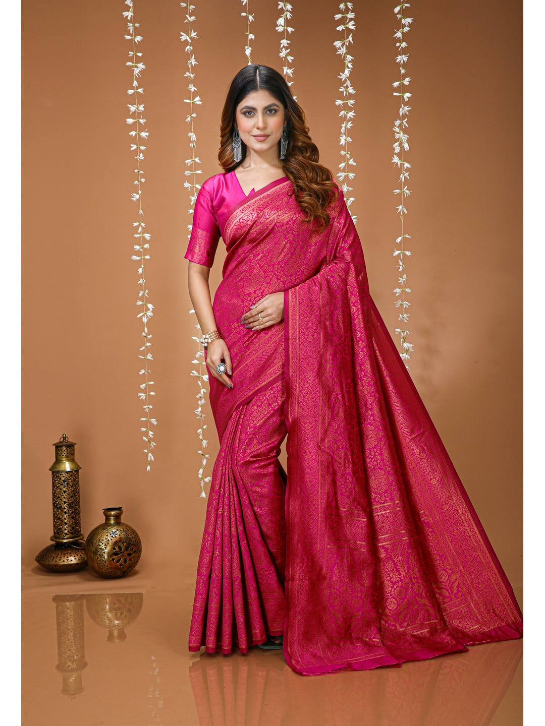 Peachmode Pink Jacquard Woven Soft Lichi Silk Kanchipuram Saree - Image 1
