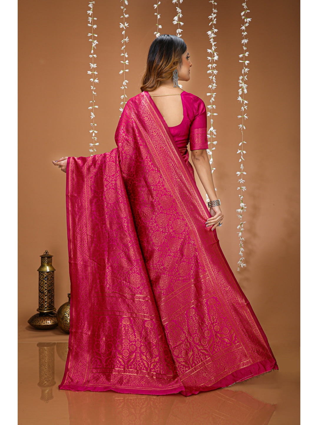 Peachmode Pink Jacquard Woven Soft Lichi Silk Kanchipuram Saree - Image 2