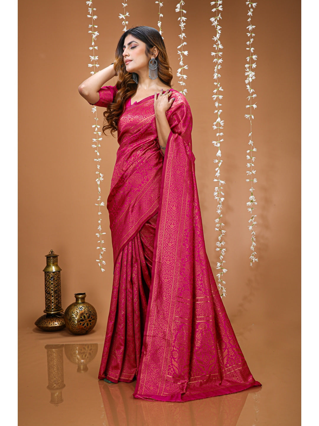 Peachmode Pink Jacquard Woven Soft Lichi Silk Kanchipuram Saree - Image 3