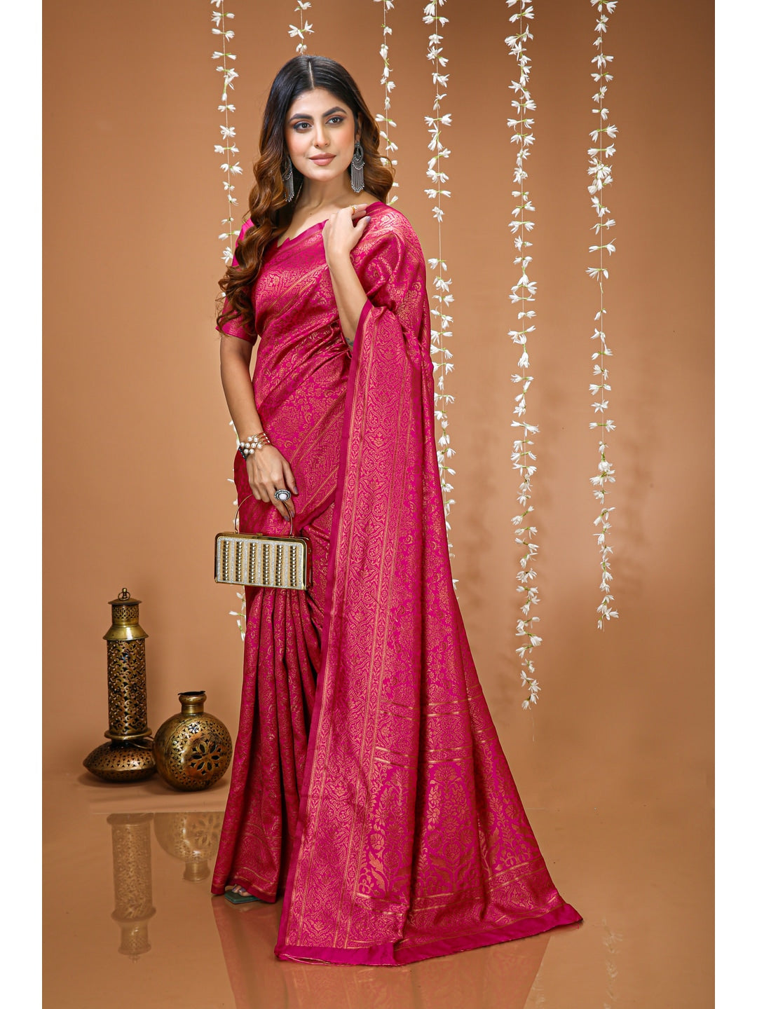 Peachmode Pink Jacquard Woven Soft Lichi Silk Kanchipuram Saree - Image 4