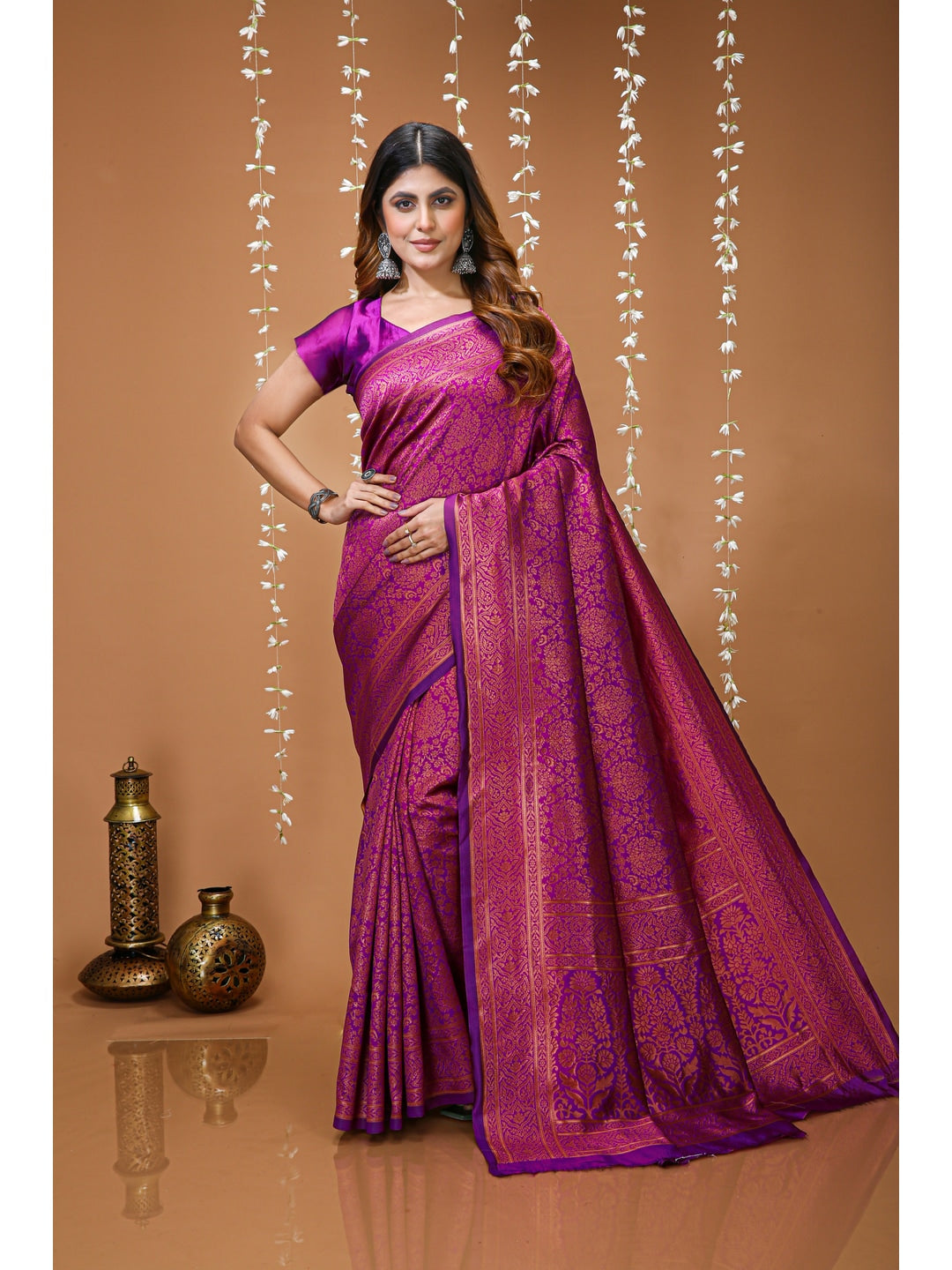 Peachmode Purple Jacquard Woven Soft Lichi Silk Kanchipuram Saree - Image 1
