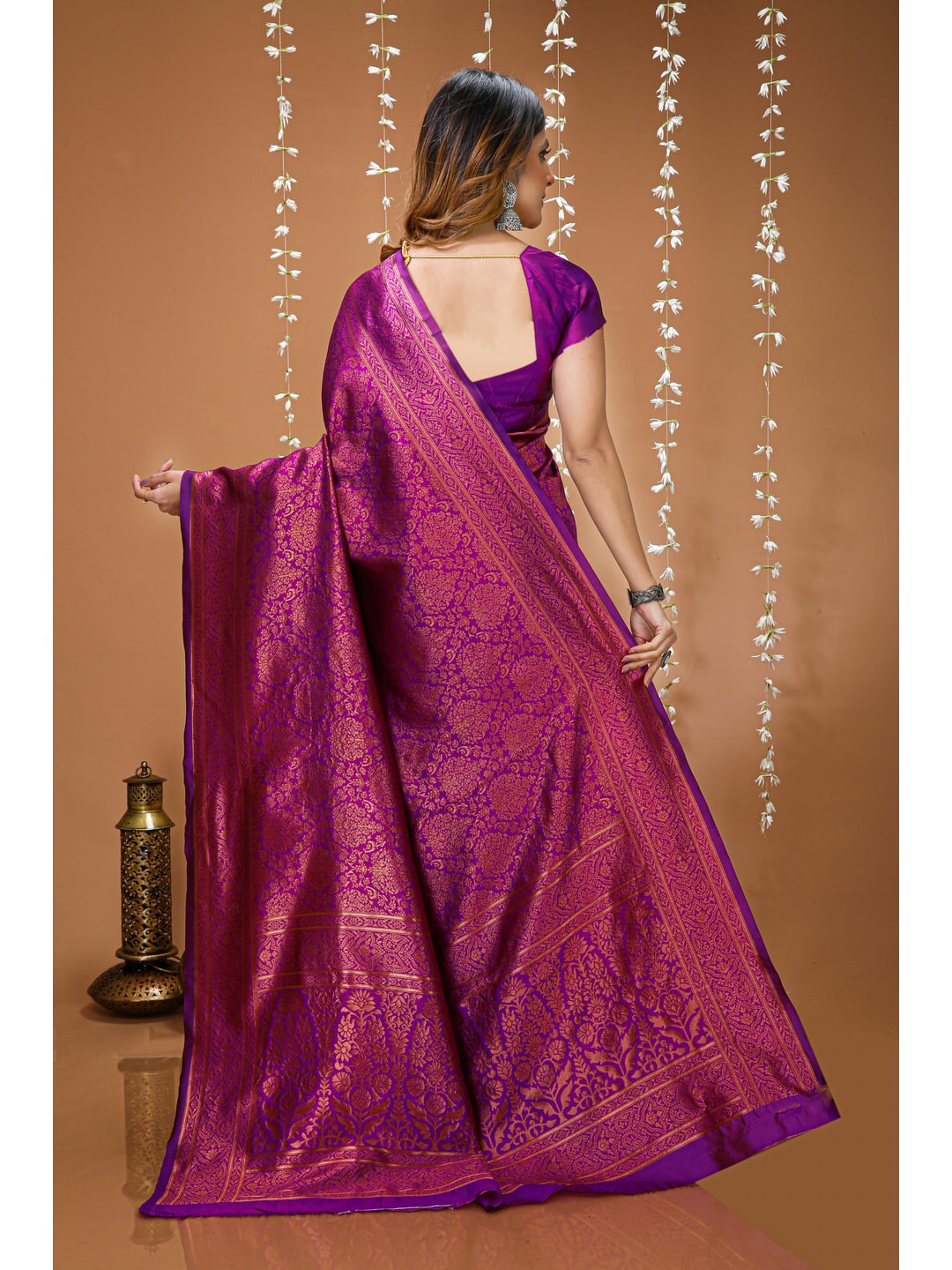 Peachmode Purple Jacquard Woven Soft Lichi Silk Kanchipuram Saree - Image 3
