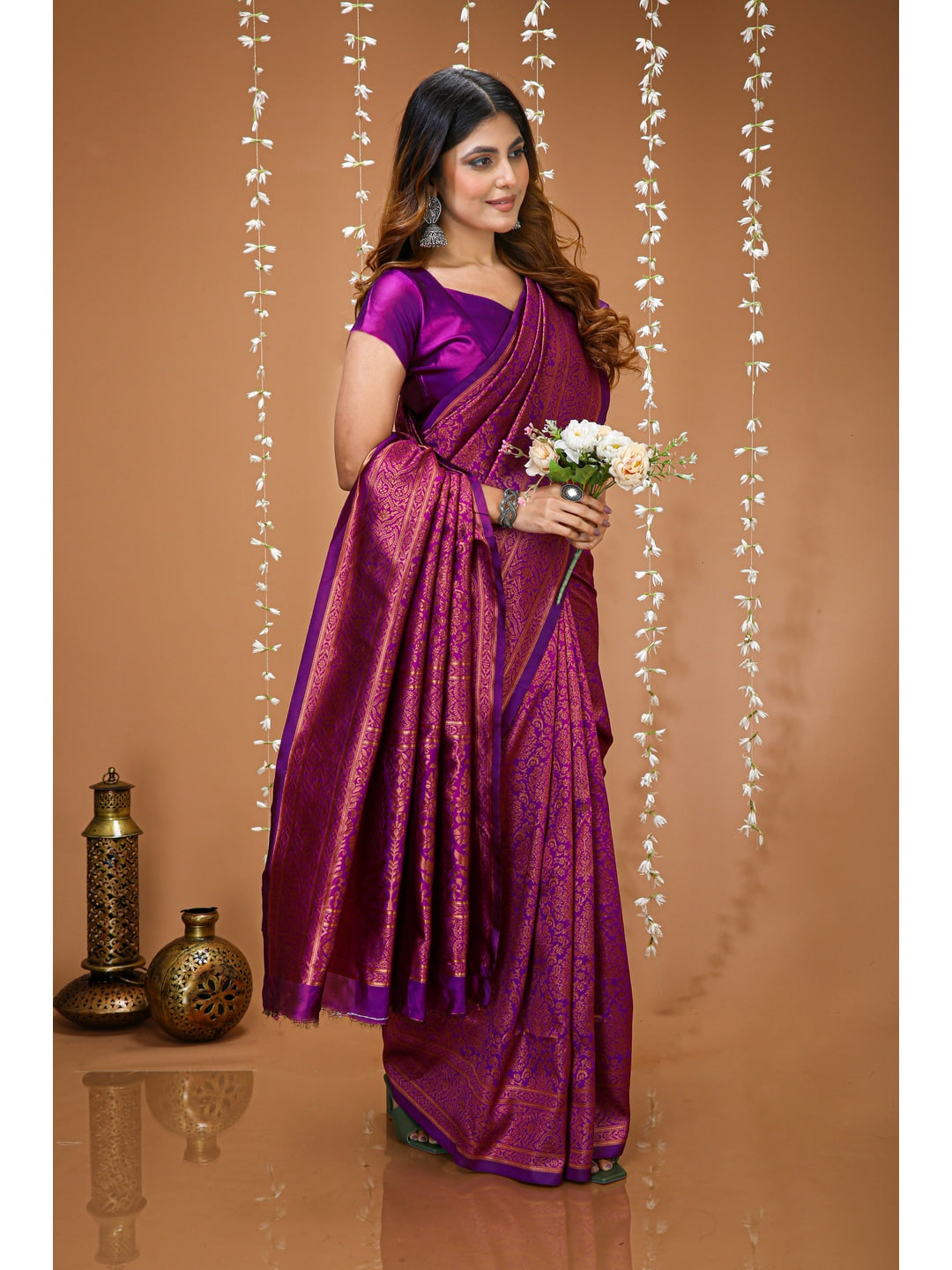 Peachmode Purple Jacquard Woven Soft Lichi Silk Kanchipuram Saree - Image 4