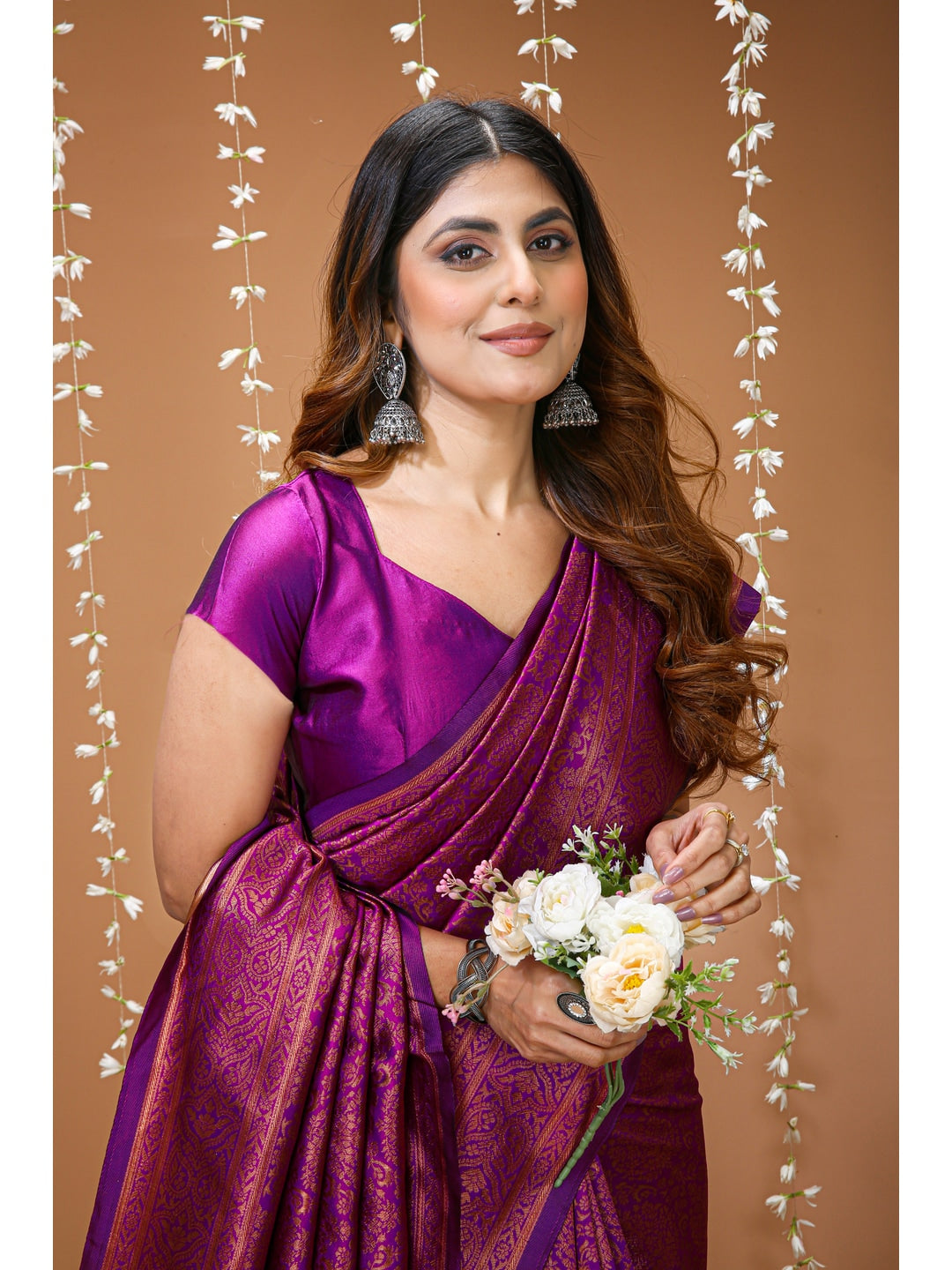 Peachmode Purple Jacquard Woven Soft Lichi Silk Kanchipuram Saree - Image 5