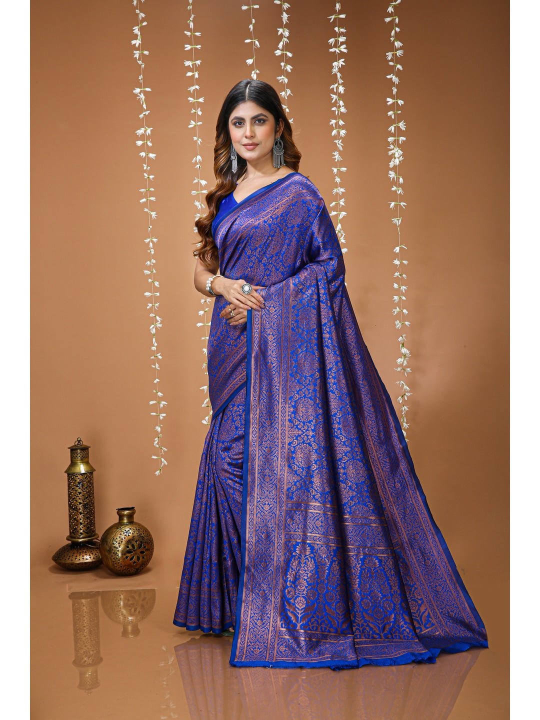 Peachmode Royal Blue Jacquard Woven Soft Lichi Silk Kanchipuram Saree - Image 2