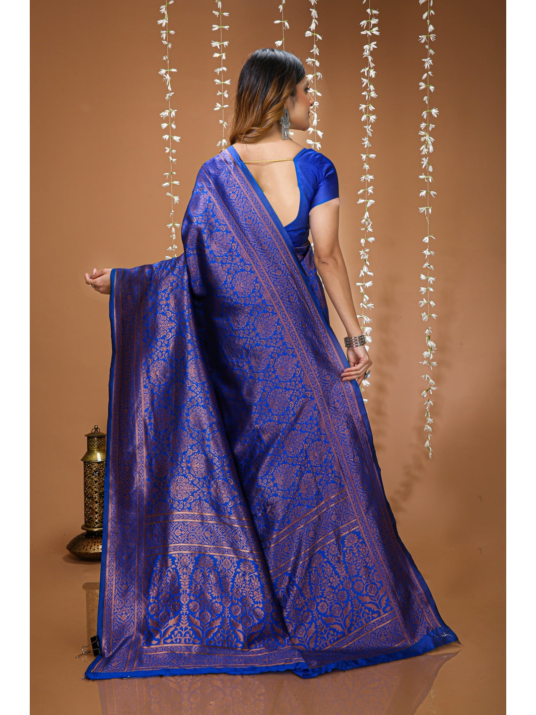Peachmode Royal Blue Jacquard Woven Soft Lichi Silk Kanchipuram Saree - Image 3