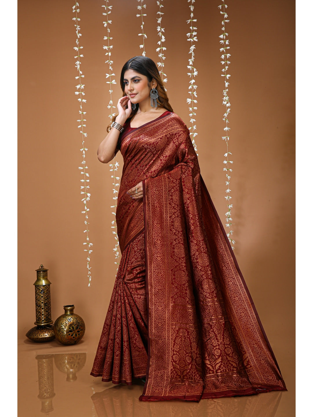 Peachmode Red Jacquard Woven Soft Lichi Silk Kanchipuram Saree - Image 2
