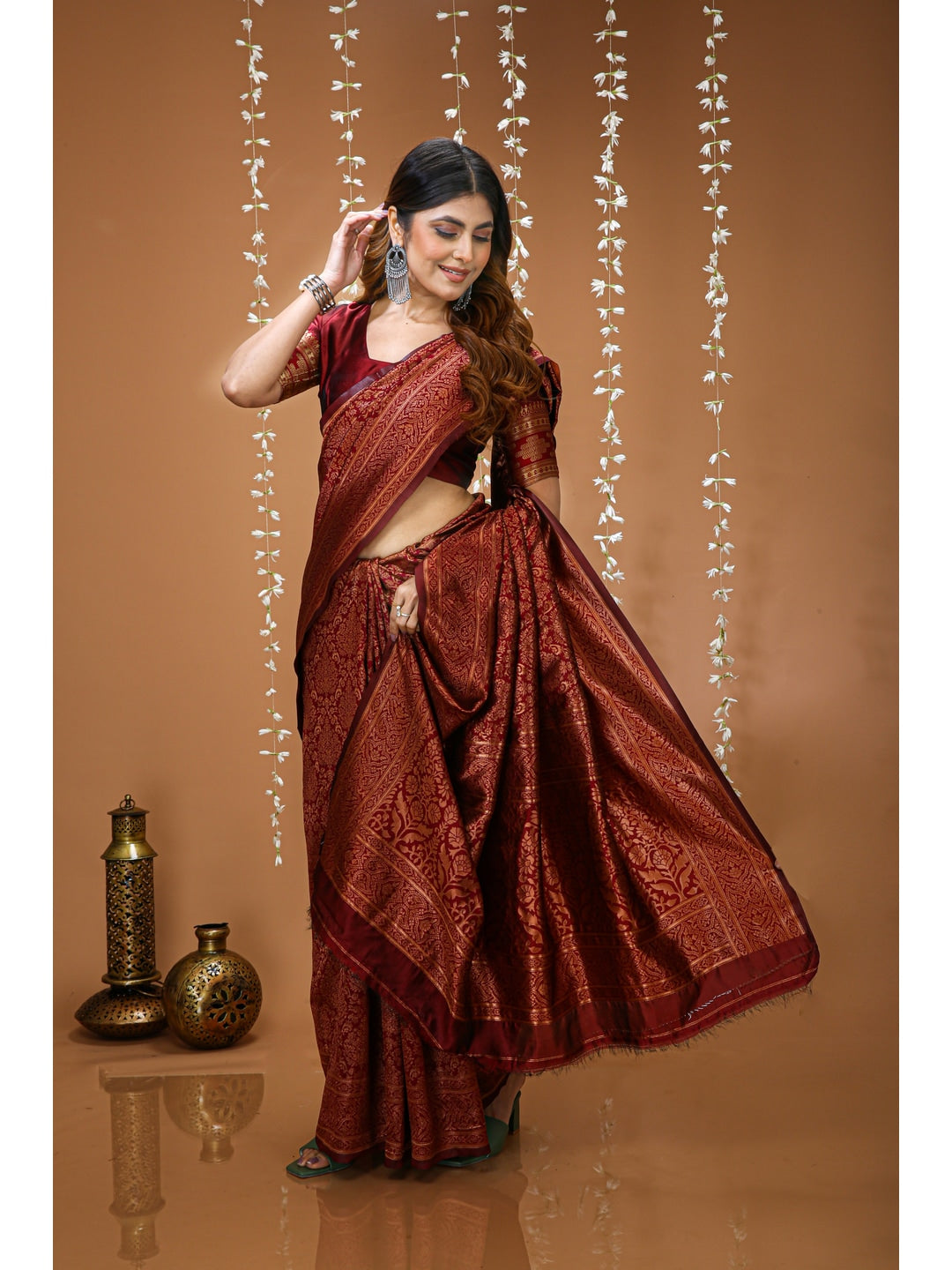 Peachmode Red Jacquard Woven Soft Lichi Silk Kanchipuram Saree - Image 4