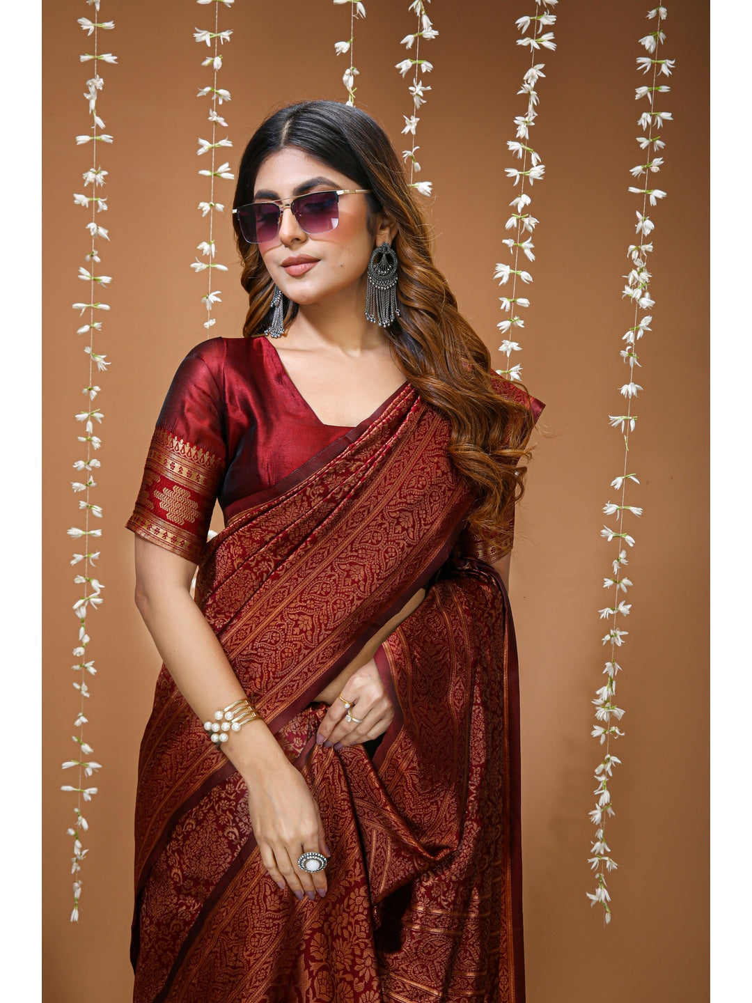 Peachmode Red Jacquard Woven Soft Lichi Silk Kanchipuram Saree - Image 5