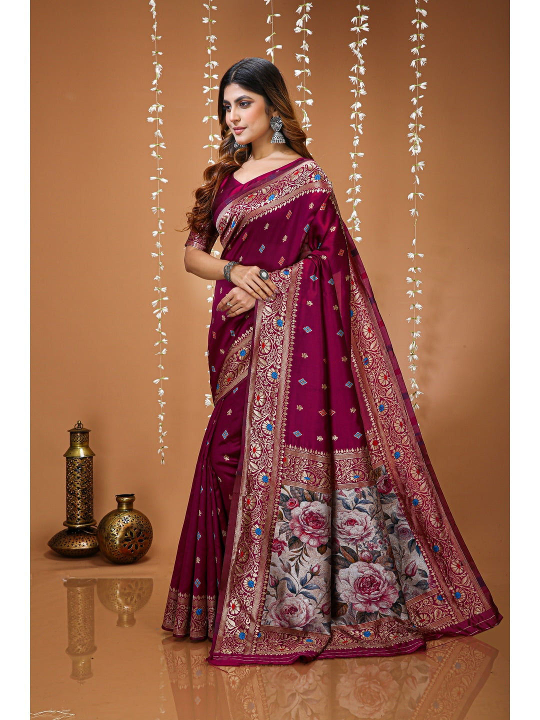 Peachmode Wine Floral Pallu Soft Lichi Silk Kanchipuram Saree - Image 2