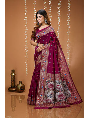Peachmode Wine Floral Pallu Soft Lichi Silk Kanchipuram Saree - Image 2
