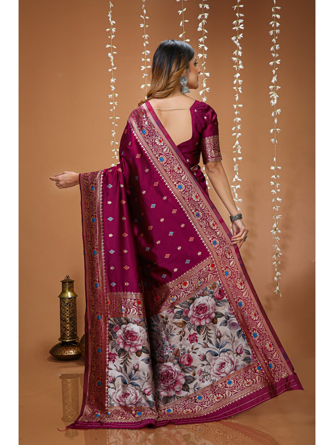Peachmode Wine Floral Pallu Soft Lichi Silk Kanchipuram Saree - Image 3